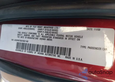 2004 Subaru Outback z USA, uszkodzony, nr VIN 4S3BH675X47631163